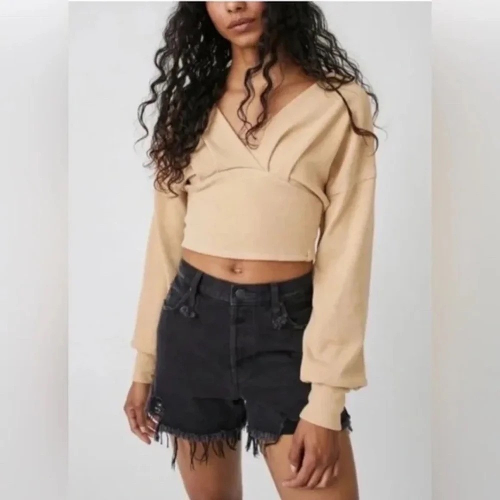 We The Free Free People Tan Waffle Knit Surplice V-Neck Crop Top Small